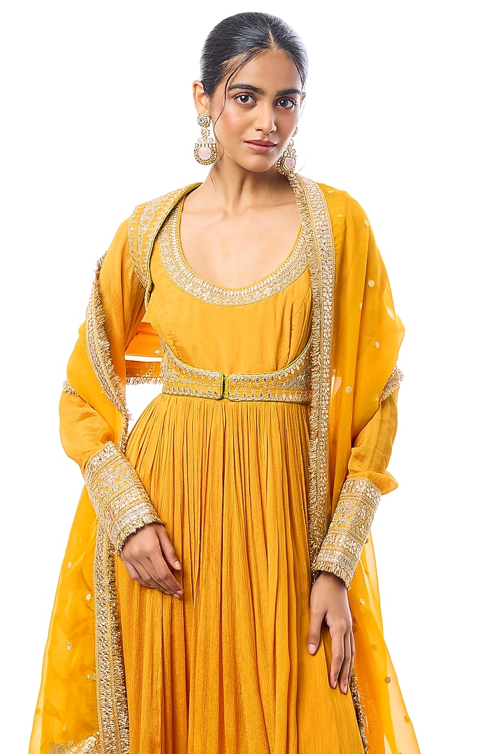 Yellow Chiffon Embroidered Bridal Anarkali Set by GOPI VAID at Pernia's Pop Up Shop