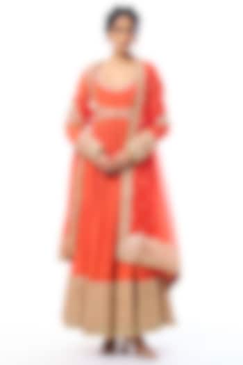 Orange Chiffon Embroidered Bridal Anarkali Set by GOPI VAID at Pernia's Pop Up Shop