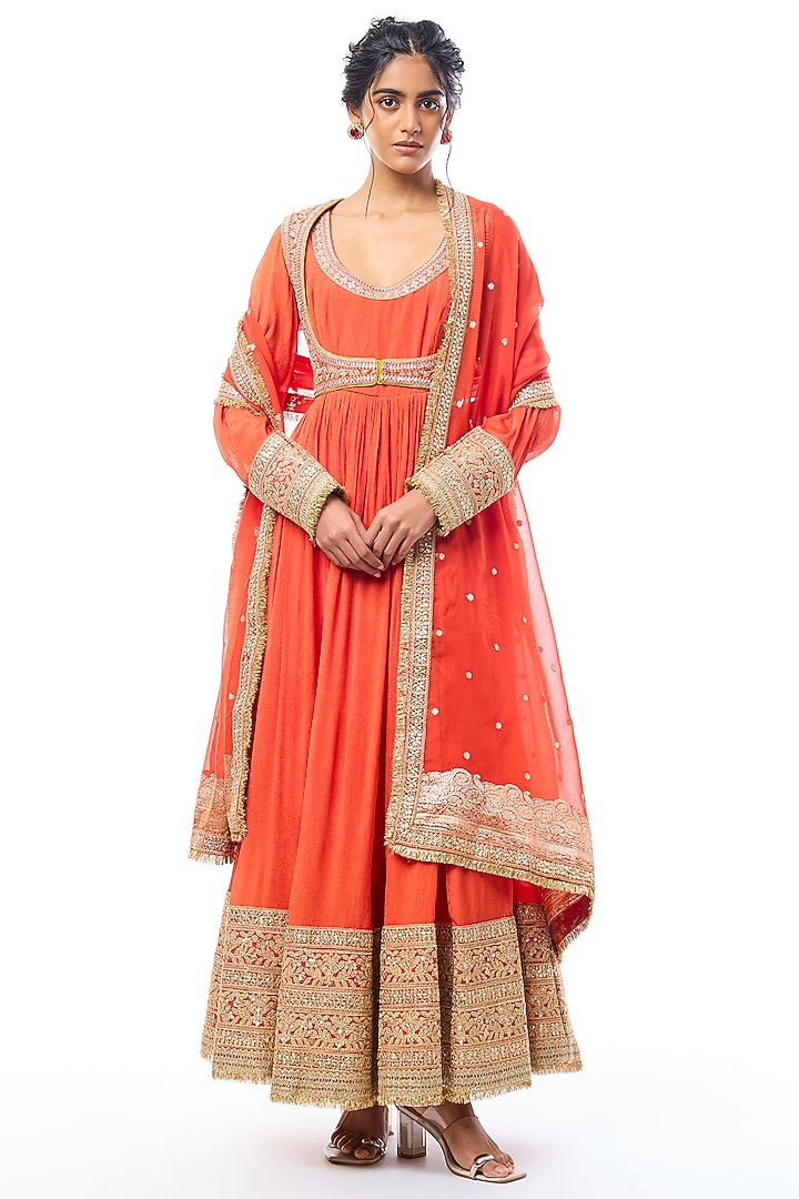 Orange Chiffon Embroidered Bridal Anarkali Set by GOPI VAID at Pernia's Pop Up Shop