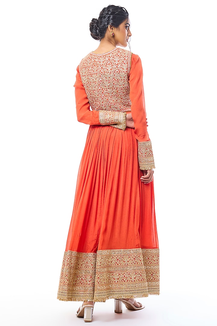 Orange Chiffon Embroidered Bridal Anarkali Set by GOPI VAID at Pernia's Pop Up Shop