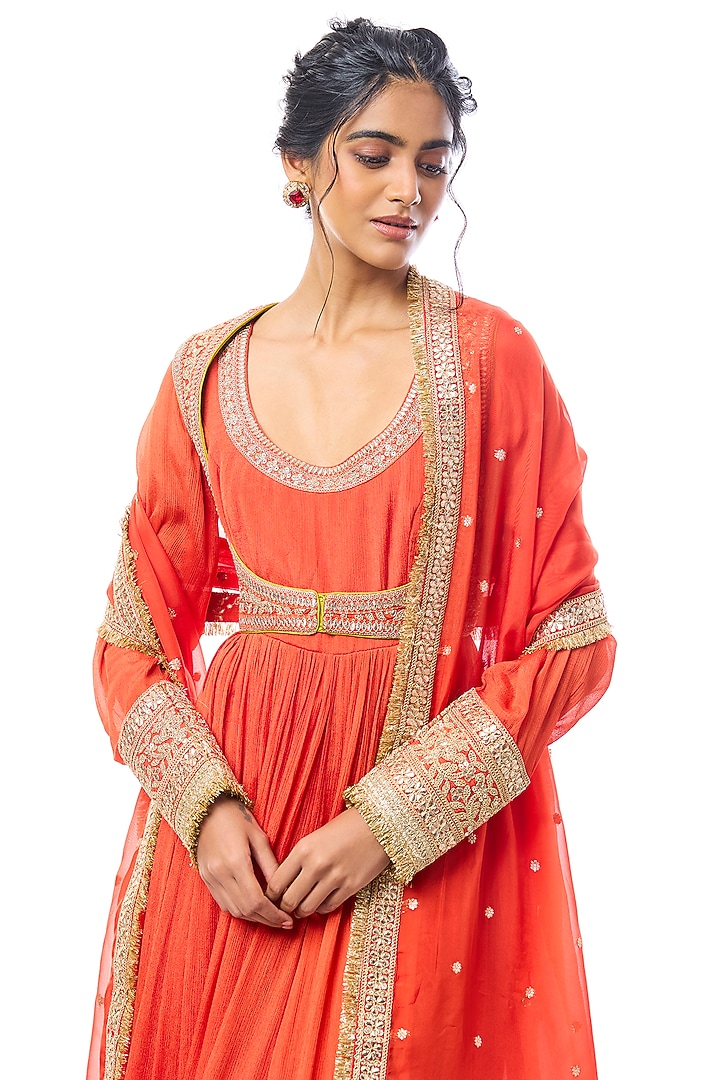 Orange Chiffon Embroidered Bridal Anarkali Set by GOPI VAID at Pernia's Pop Up Shop