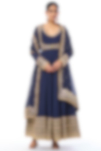 Blue Chiffon Embroidered Bridal Anarkali Set by GOPI VAID at Pernia's Pop Up Shop