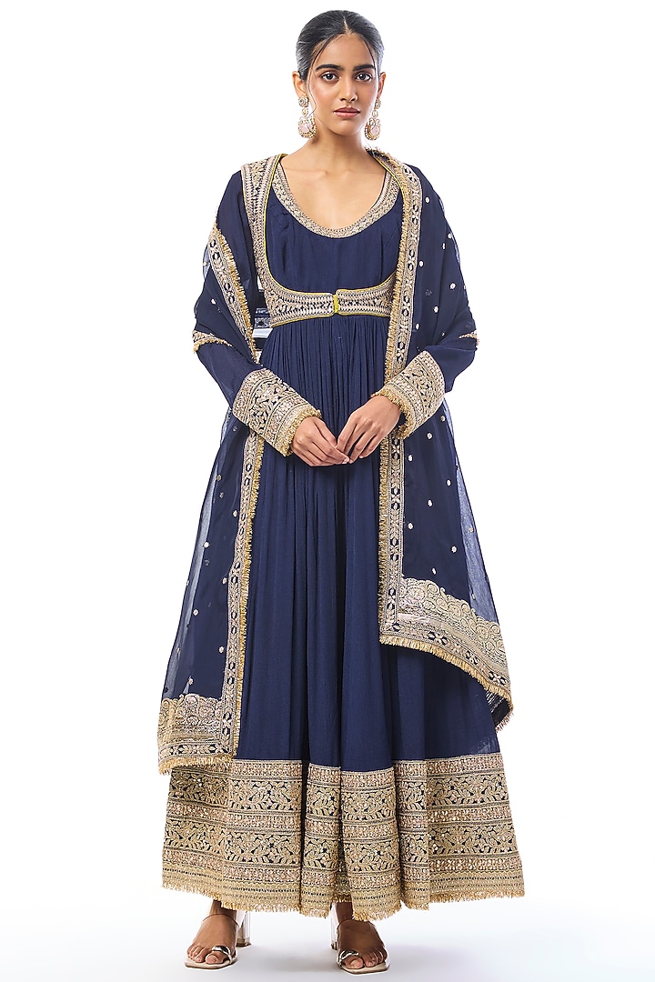 Blue Chiffon Embroidered Bridal Anarkali Set by GOPI VAID at Pernia's Pop Up Shop