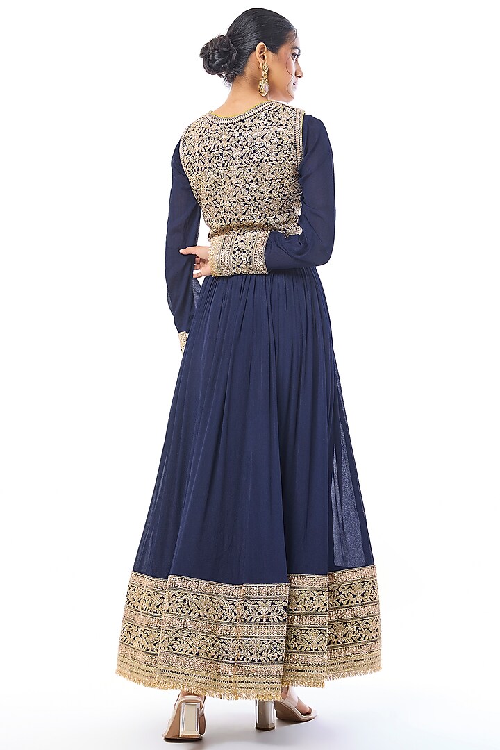 Blue Chiffon Embroidered Bridal Anarkali Set by GOPI VAID at Pernia's Pop Up Shop