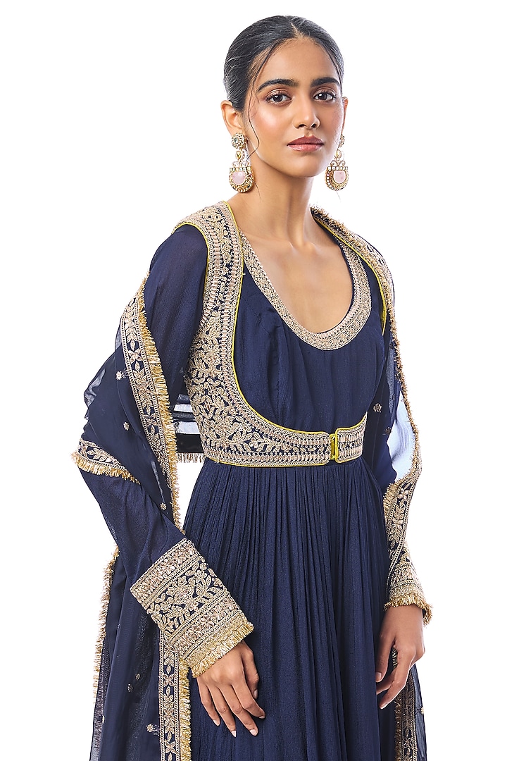 Blue Chiffon Embroidered Bridal Anarkali Set by GOPI VAID at Pernia's Pop Up Shop