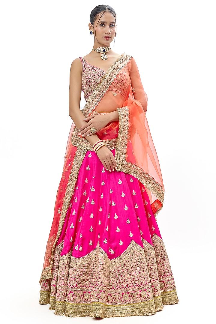 Rani Pink Tussar Embroidered Bridal lehenga for 22 Lehenga Set by GOPI VAID at Pernia's Pop Up Shop