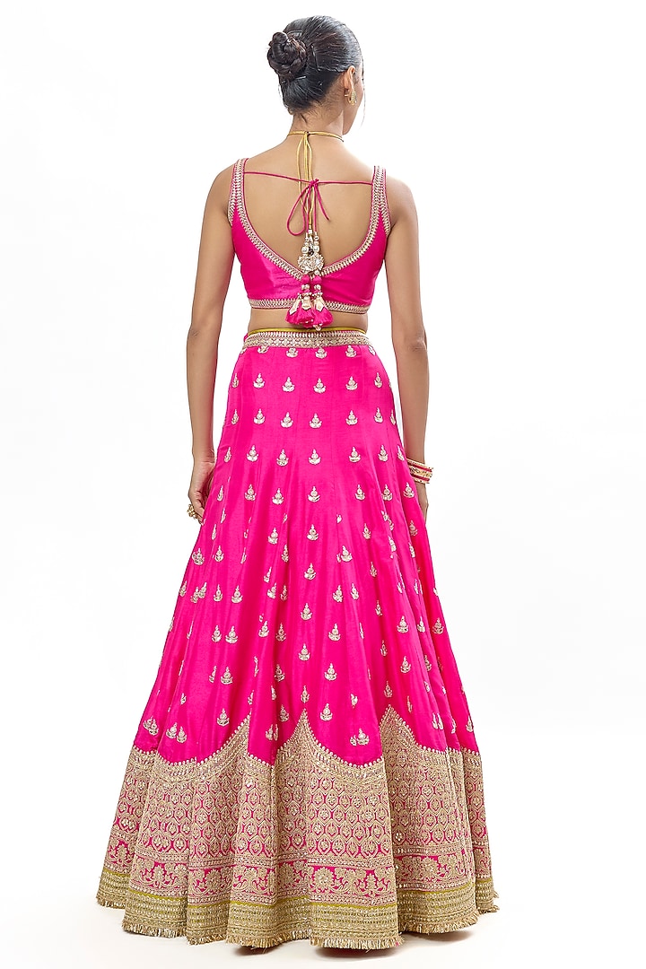 Rani Pink Tussar Embroidered Wedding Lehenga Set by GOPI VAID at Pernia's Pop Up Shop