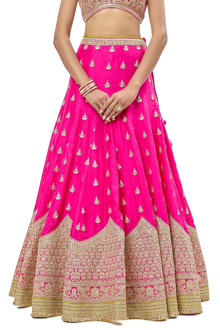 Rani Pink Tussar Embroidered Wedding Lehenga Set by GOPI VAID at Pernia's Pop Up Shop