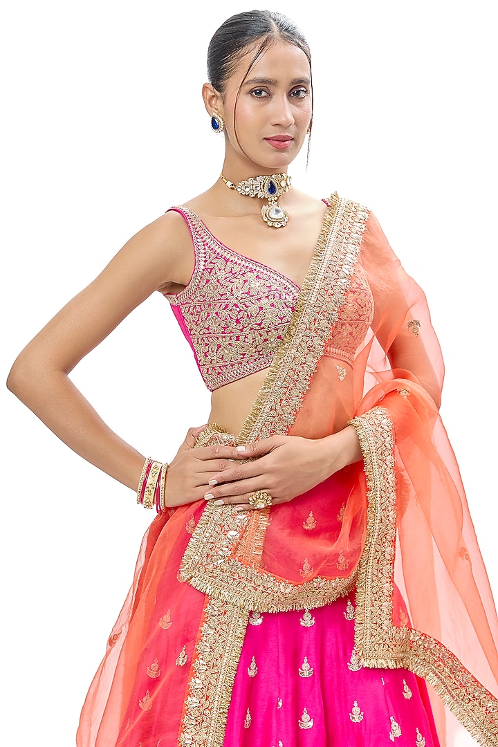 Rani Pink Tussar Embroidered Wedding Lehenga Set by GOPI VAID at Pernia's Pop Up Shop