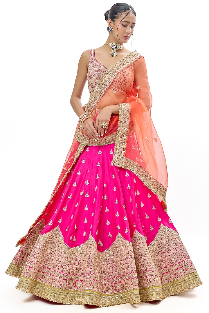 Rani Pink Tussar Embroidered Wedding Lehenga Set by GOPI VAID at Pernia's Pop Up Shop