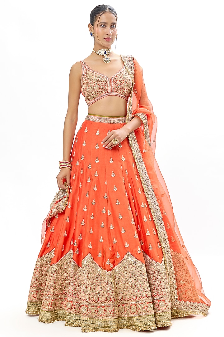Orange Tussar Embroidered Wedding Lehenga Set by GOPI VAID at Pernia's Pop Up Shop