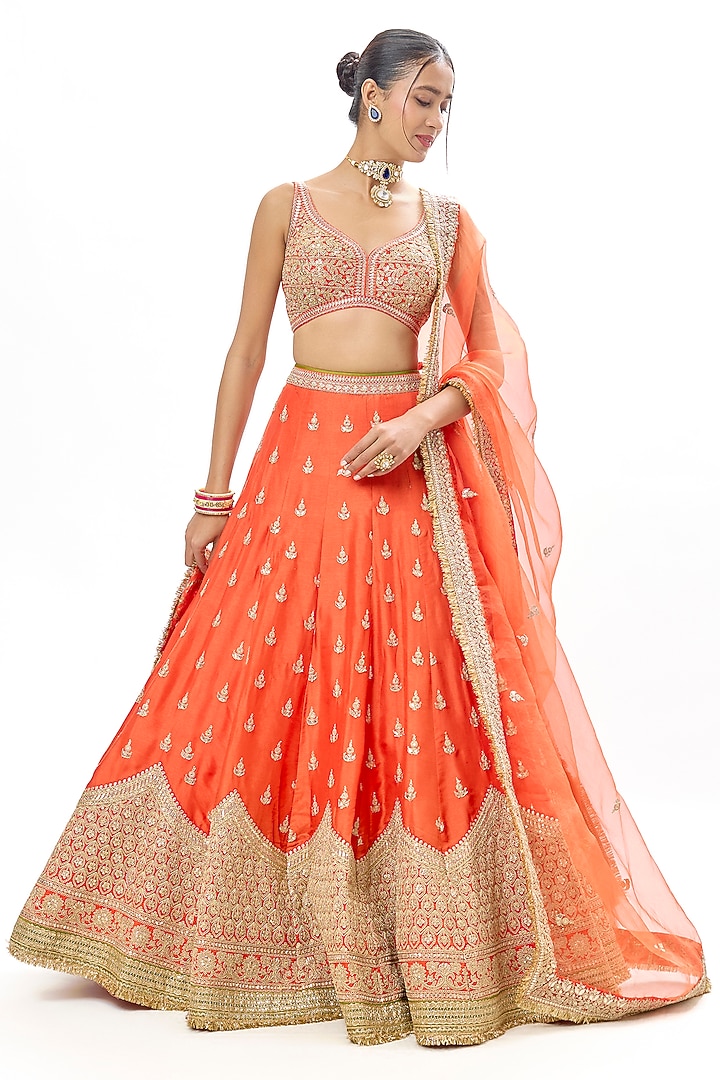 Orange Tussar Embroidered Wedding Lehenga Set by GOPI VAID at Pernia's Pop Up Shop