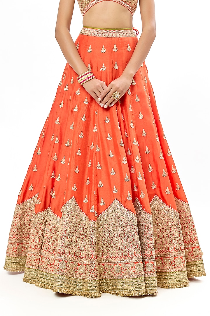 Orange Tussar Embroidered Wedding Lehenga Set by GOPI VAID at Pernia's Pop Up Shop