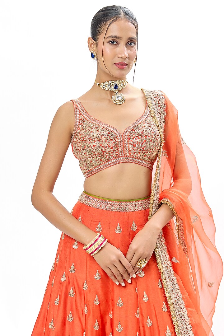 Orange Tussar Embroidered Wedding Lehenga Set by GOPI VAID at Pernia's Pop Up Shop