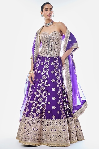 Purple Tussar Embroidered Lehenga Set by GOPI VAID