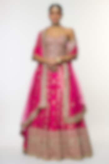 Pink Tussar Motif Embroidered Bridal Lehenga Set by GOPI VAID at Pernia's Pop Up Shop