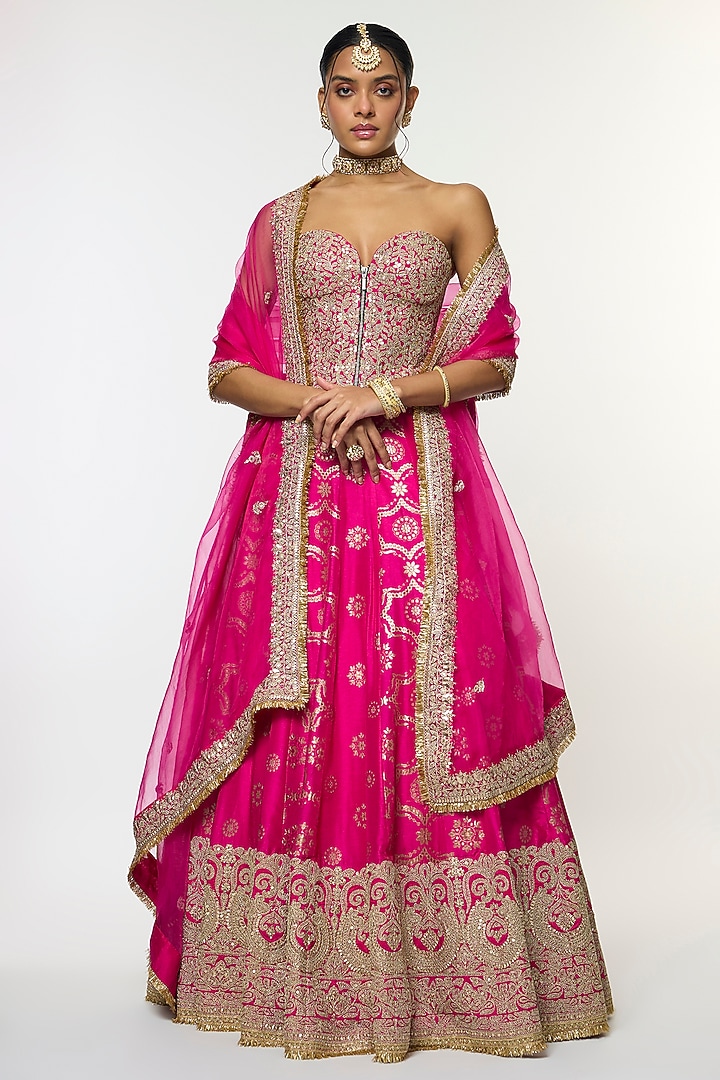 Pink Tussar Motif Embroidered Bridal Lehenga Set by GOPI VAID at Pernia's Pop Up Shop