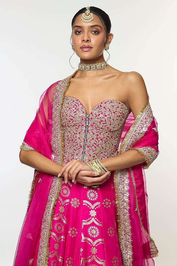 Pink Tussar Motif Embroidered Bridal Lehenga Set by GOPI VAID at Pernia's Pop Up Shop