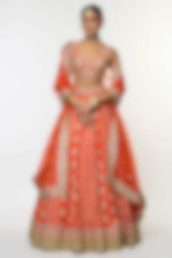 Orange Tussar Motif Embroidered Bridal Lehenga Set by GOPI VAID at Pernia's Pop Up Shop