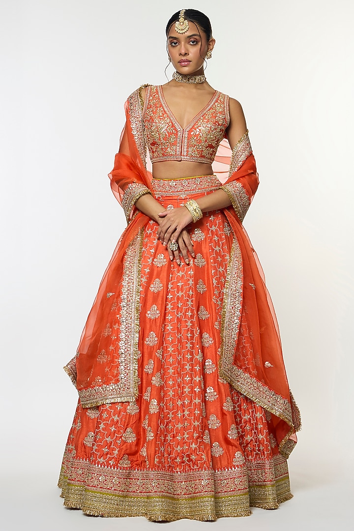 Orange Tussar Motif Embroidered Bridal Lehenga Set by GOPI VAID at Pernia's Pop Up Shop