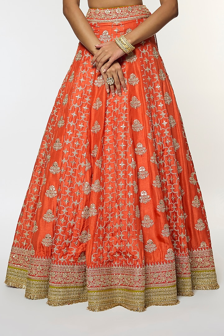 Orange Tussar Motif Embroidered Bridal Lehenga Set by GOPI VAID at Pernia's Pop Up Shop