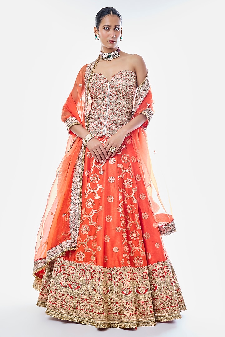 Orange Tussar Embroidered Bridal Lehenga Set by GOPI VAID at Pernia's Pop Up Shop