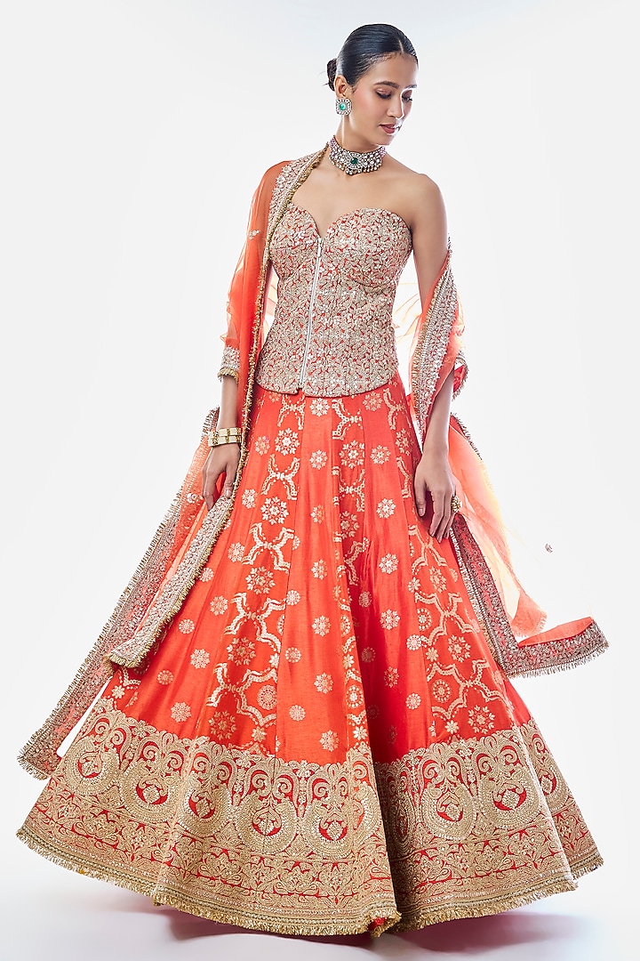Orange Tussar Embroidered Bridal Lehenga Set by GOPI VAID at Pernia's Pop Up Shop