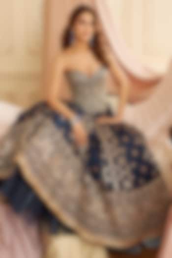 Navy Blue Tussar Embroidered Bridal Lehenga Set by GOPI VAID at Pernia's Pop Up Shop