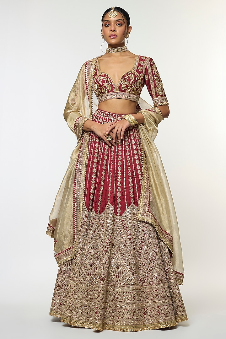 Red Tussar Embellished Bridal Lehenga Set by GOPI VAID at Pernia's Pop Up Shop