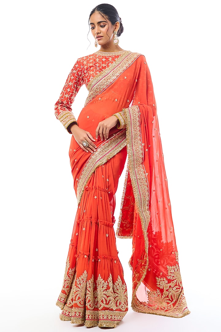 Orange Georgette Embroidered Reception Saree Set by GOPI VAID at Pernia's Pop Up Shop