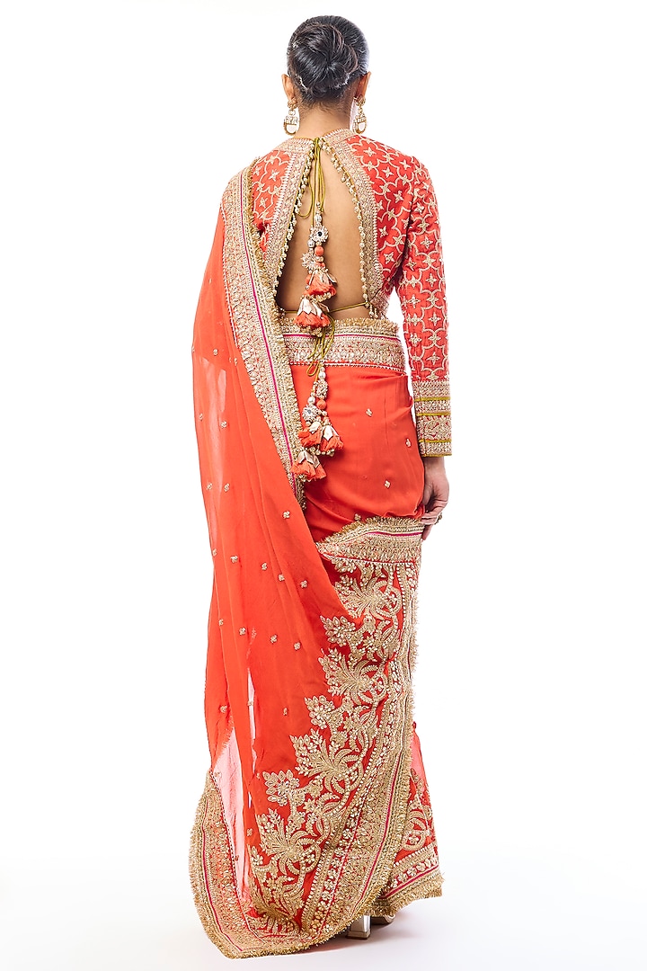 Orange Georgette Embroidered Reception Saree Set by GOPI VAID at Pernia's Pop Up Shop