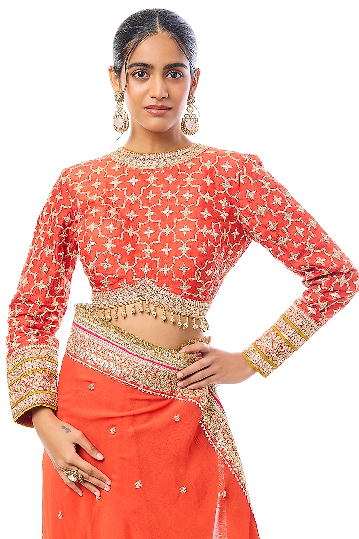Orange Georgette Embroidered Reception Saree Set by GOPI VAID at Pernia's Pop Up Shop