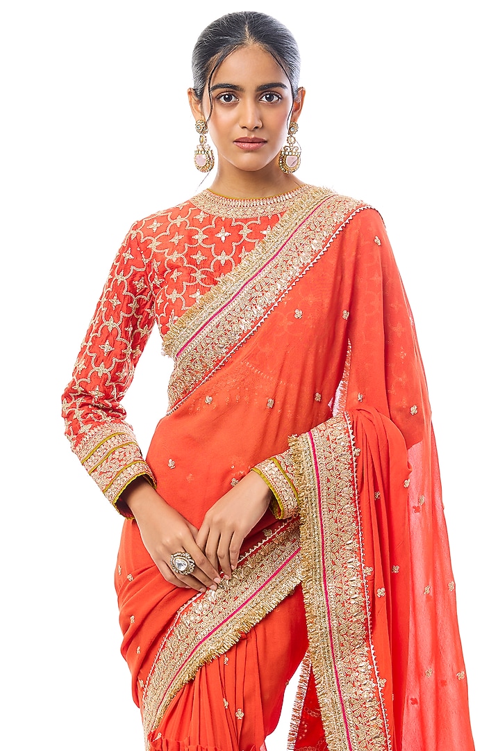 Orange Georgette Embroidered Reception Saree Set by GOPI VAID at Pernia's Pop Up Shop