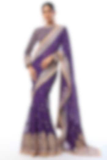 Purple Georgette Embroidered Reception Saree Set by GOPI VAID at Pernia's Pop Up Shop
