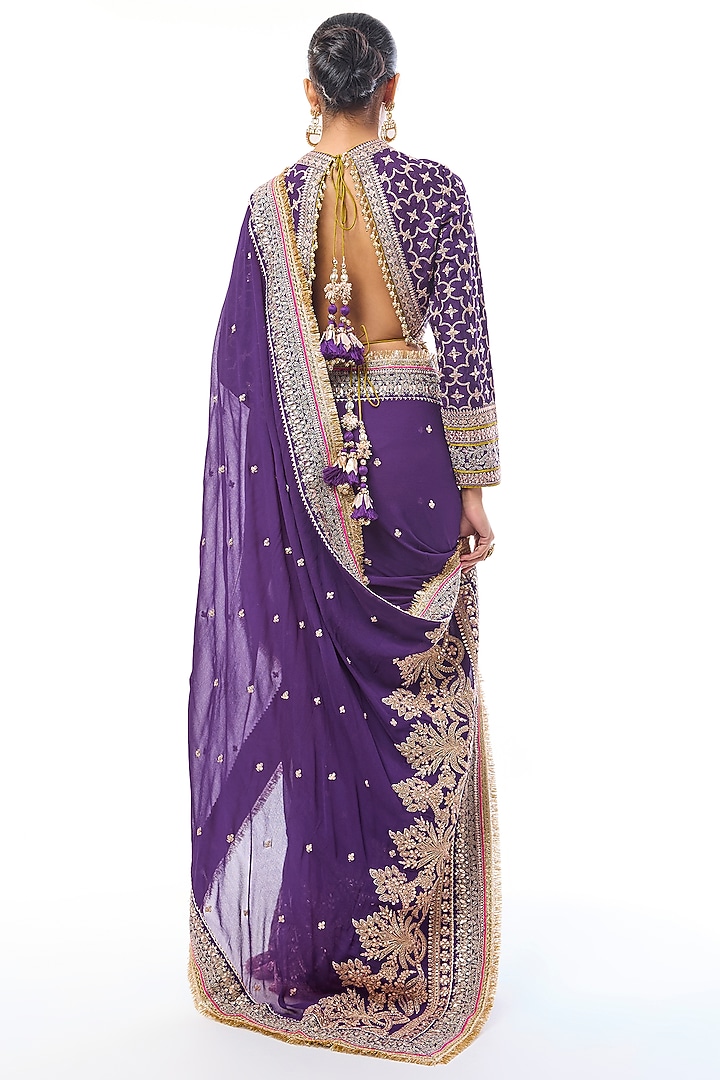Purple Georgette Embroidered Reception Saree Set by GOPI VAID at Pernia's Pop Up Shop