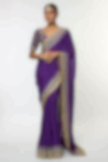 Purple Chiffon Embroidered Wedding Saree Set by GOPI VAID at Pernia's Pop Up Shop