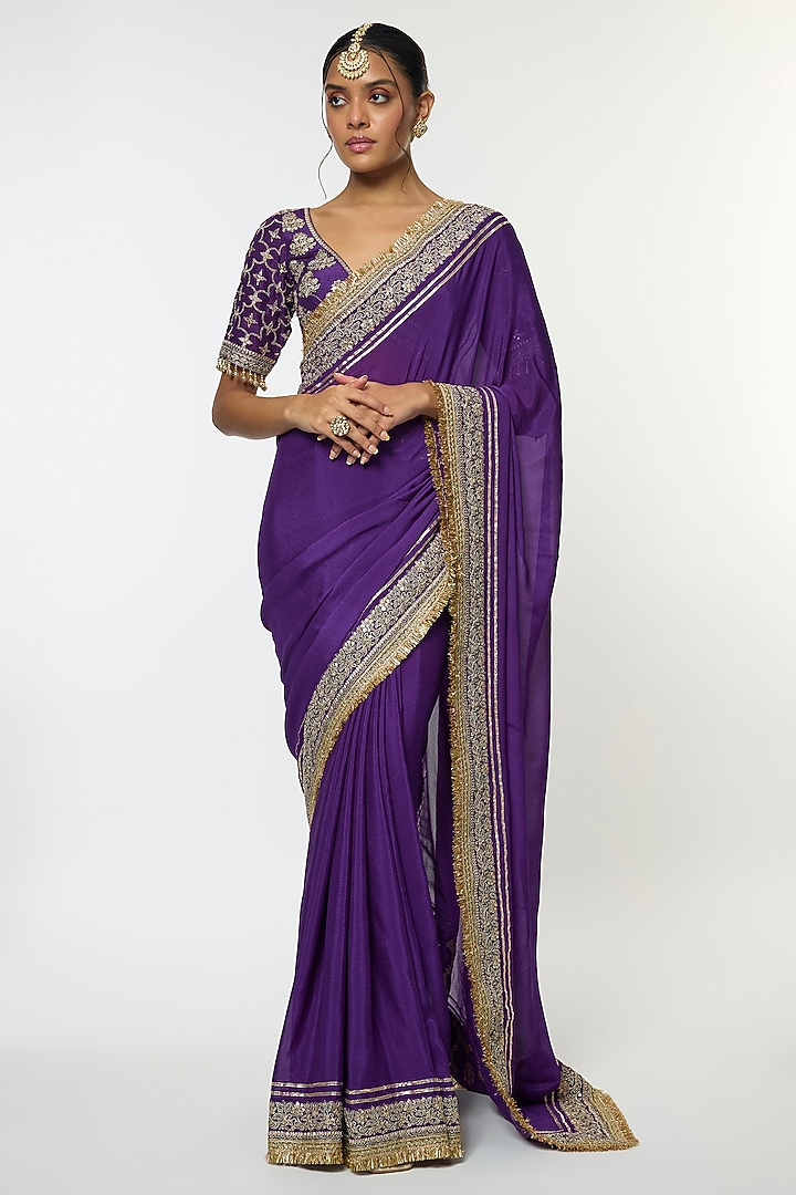 Purple Chiffon Embroidered Wedding Saree Set by GOPI VAID at Pernia's Pop Up Shop