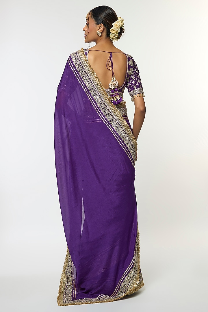 Purple Chiffon Embroidered Wedding Saree Set by GOPI VAID at Pernia's Pop Up Shop