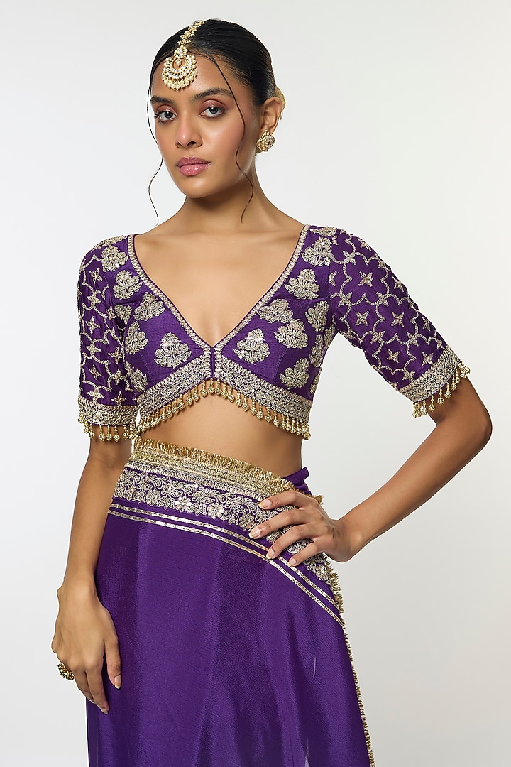 Purple Chiffon Embroidered Wedding Saree Set by GOPI VAID at Pernia's Pop Up Shop