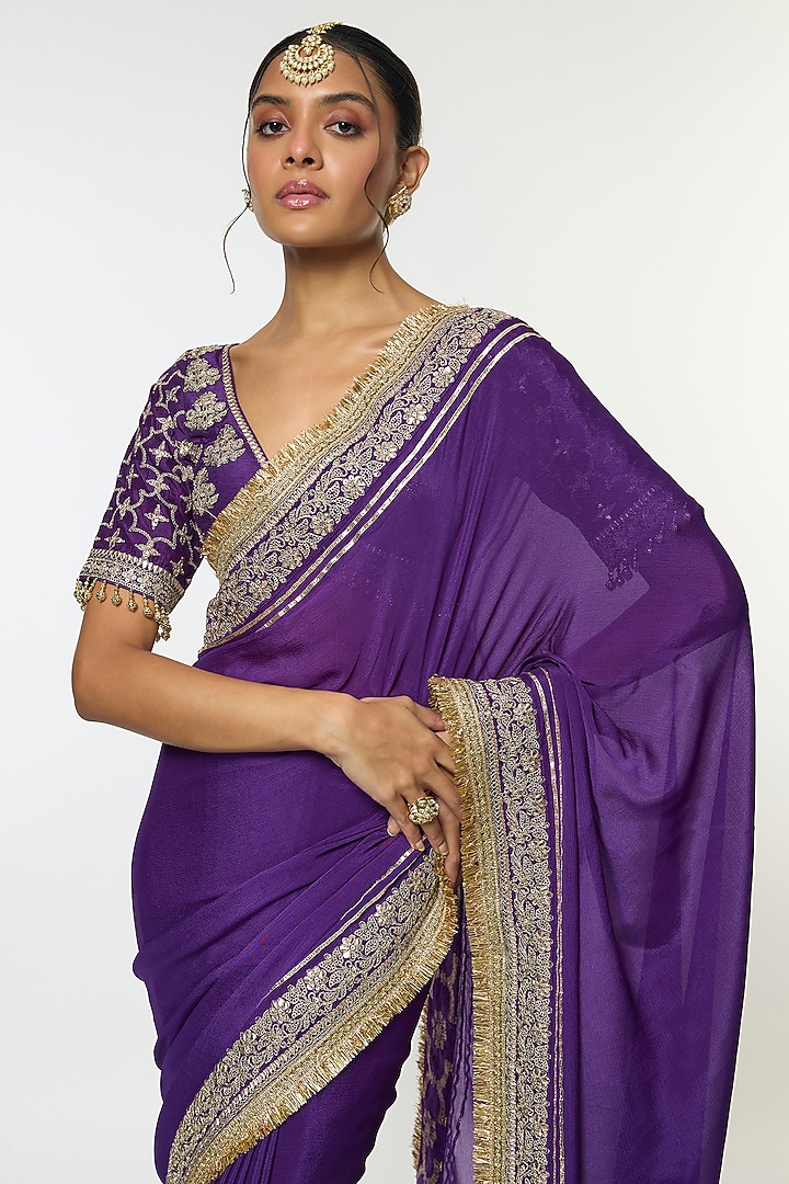 Purple Chiffon Embroidered Wedding Saree Set by GOPI VAID at Pernia's Pop Up Shop