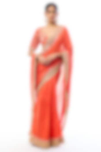 Orange Georgette Embroidered Wedding Saree Set by GOPI VAID at Pernia's Pop Up Shop