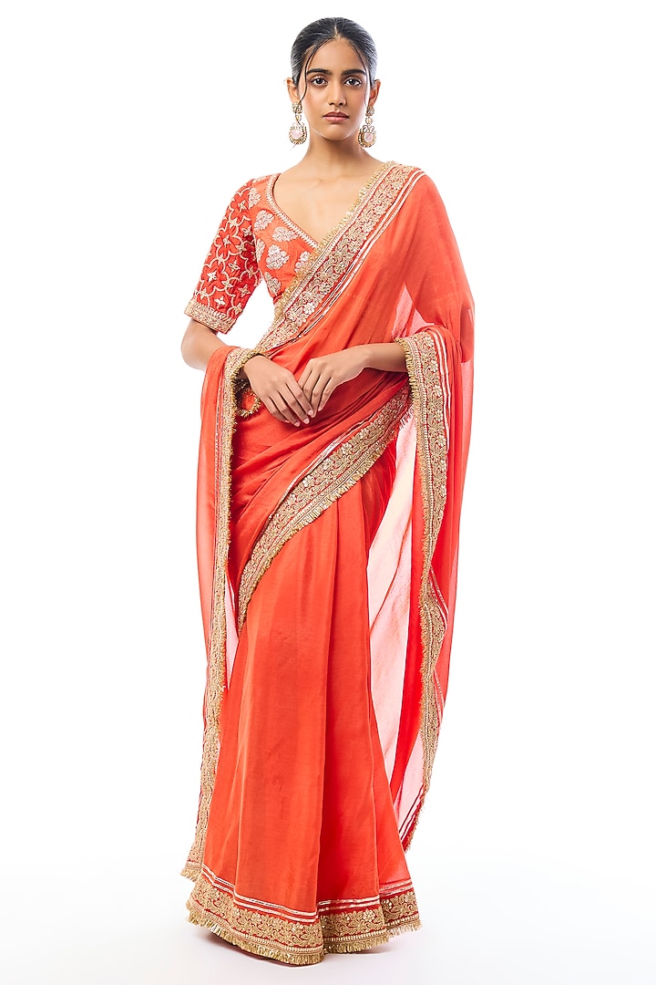 Orange Georgette Embroidered Wedding Saree Set by GOPI VAID at Pernia's Pop Up Shop