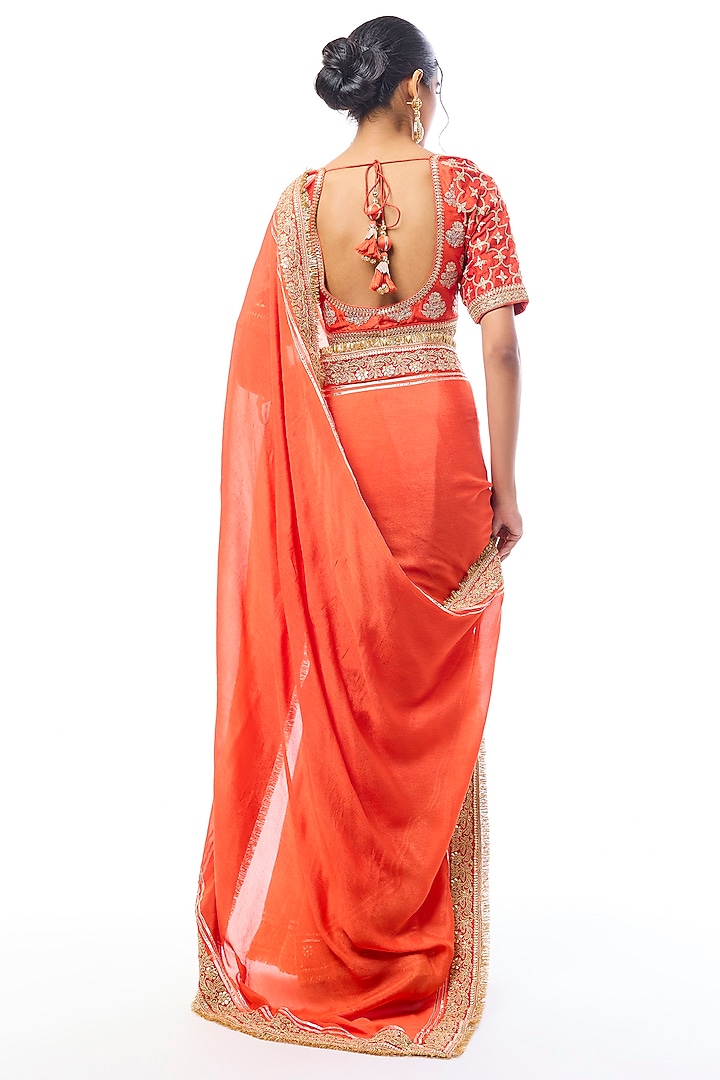 Orange Georgette Embroidered Wedding Saree Set by GOPI VAID at Pernia's Pop Up Shop