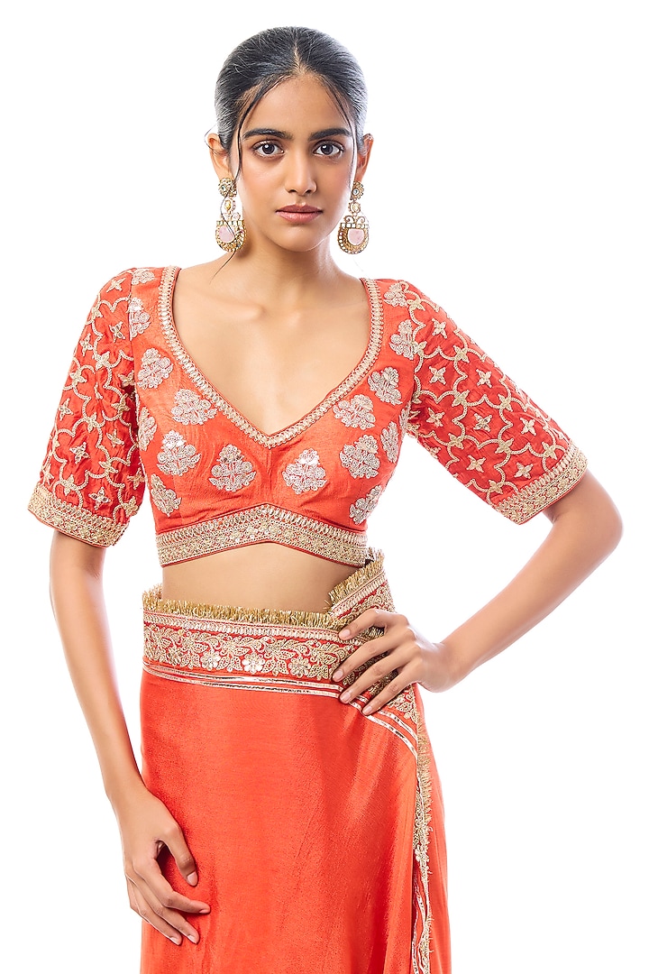 Orange Georgette Embroidered Wedding Saree Set by GOPI VAID at Pernia's Pop Up Shop