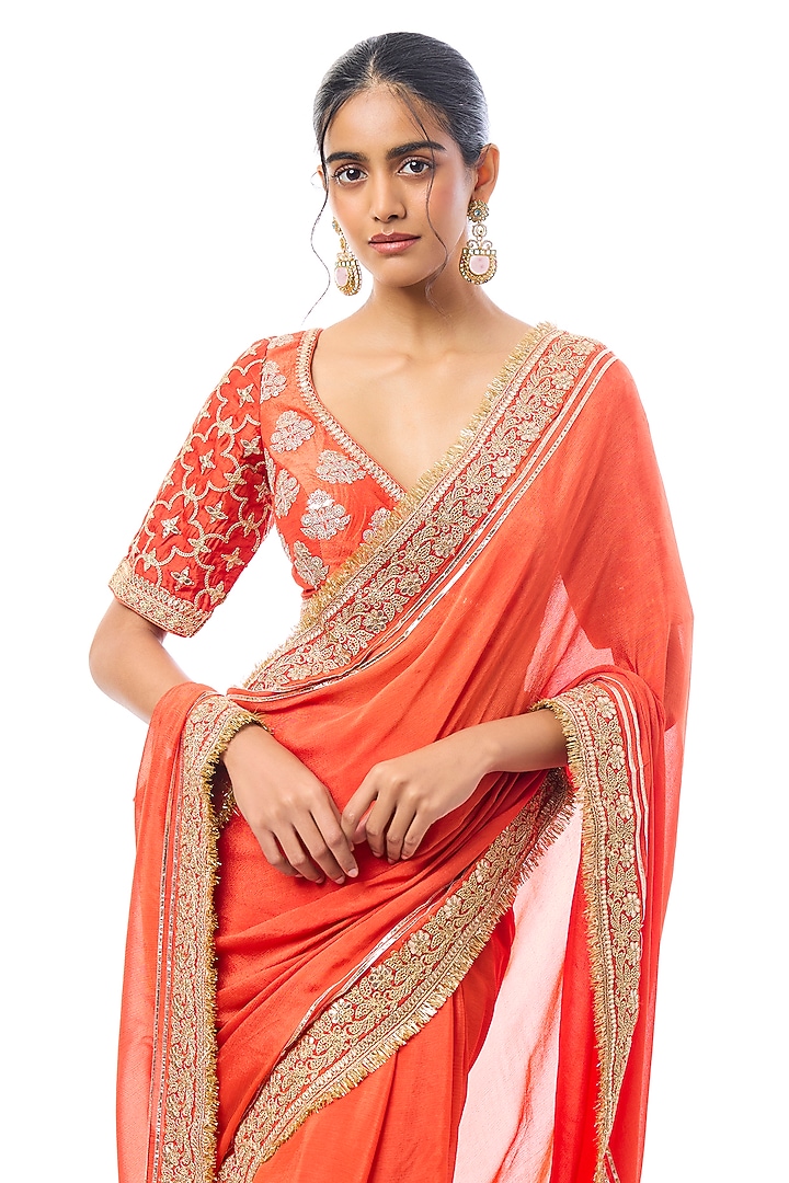 Orange Georgette Embroidered Wedding Saree Set by GOPI VAID at Pernia's Pop Up Shop