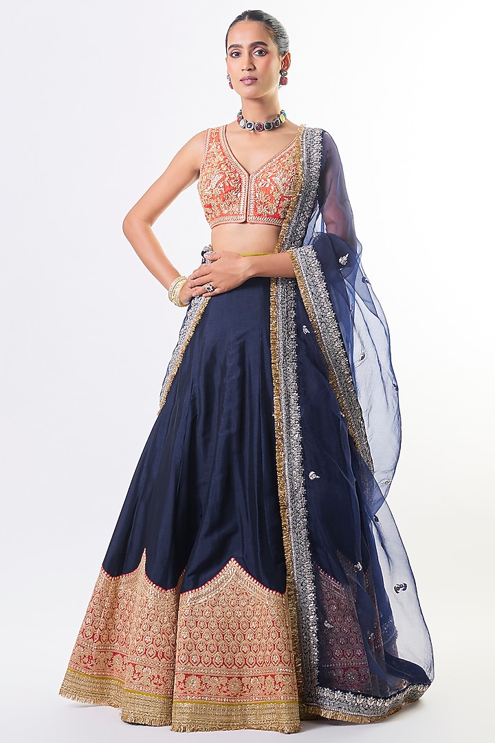 Navy Tussar Embroidered Bridal Lehenga Set by GOPI VAID at Pernia's Pop Up Shop