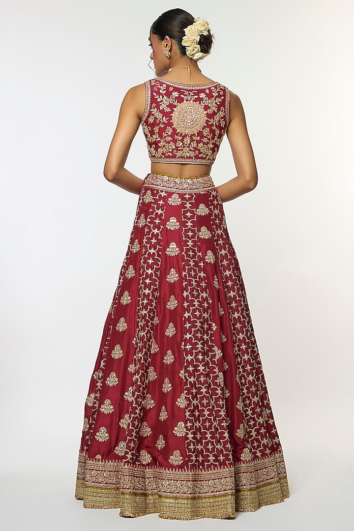 Red Tussar Ornate Motif Embroidered Flared Bridal Lehenga Set by GOPI VAID at Pernia's Pop Up Shop