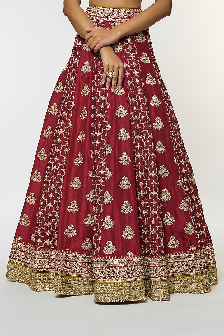 Red Tussar Ornate Motif Embroidered Flared Bridal Lehenga Set by GOPI VAID at Pernia's Pop Up Shop