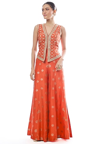Orange Tussar Motif Pant Set by GOPI VAID