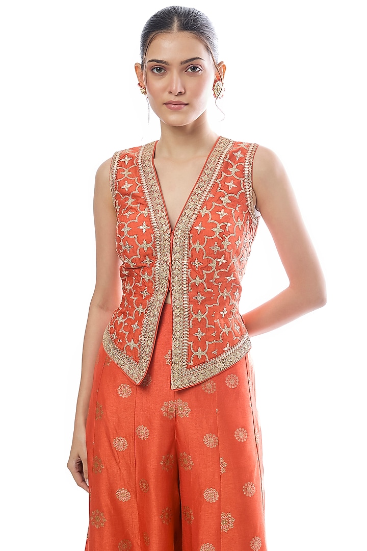 Orange Tussar Motif Pant Set by GOPI VAID at Pernia's Pop Up Shop